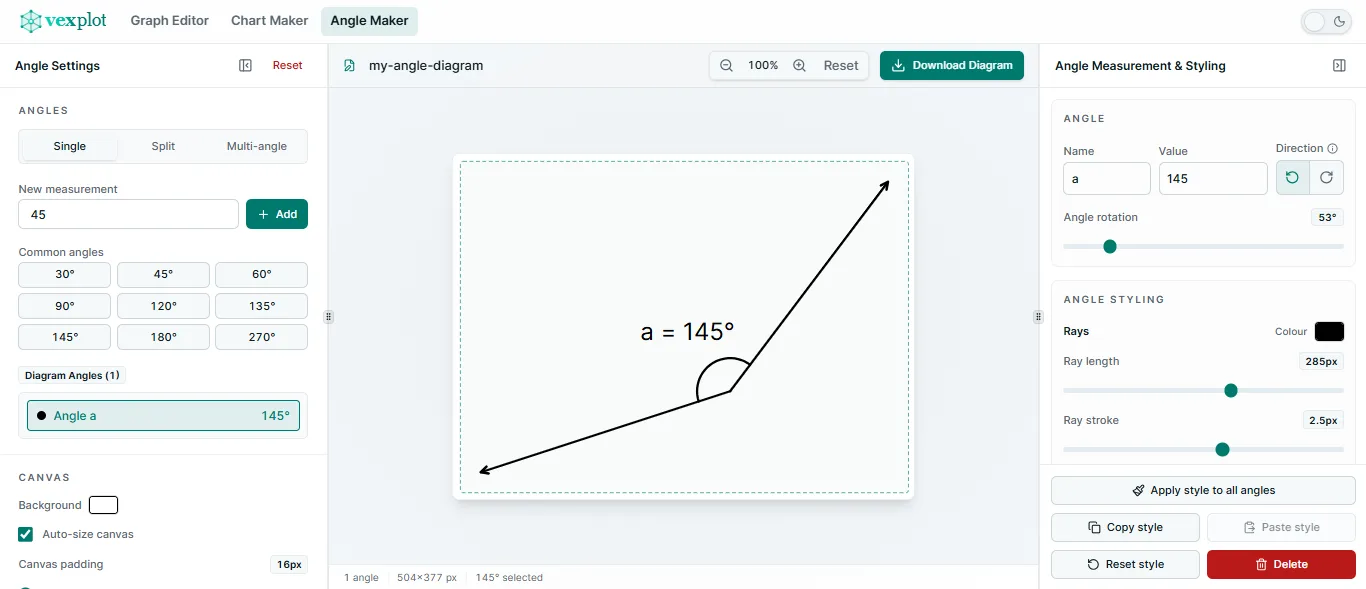 Angle Maker workspace showing one editable 145 degree angle