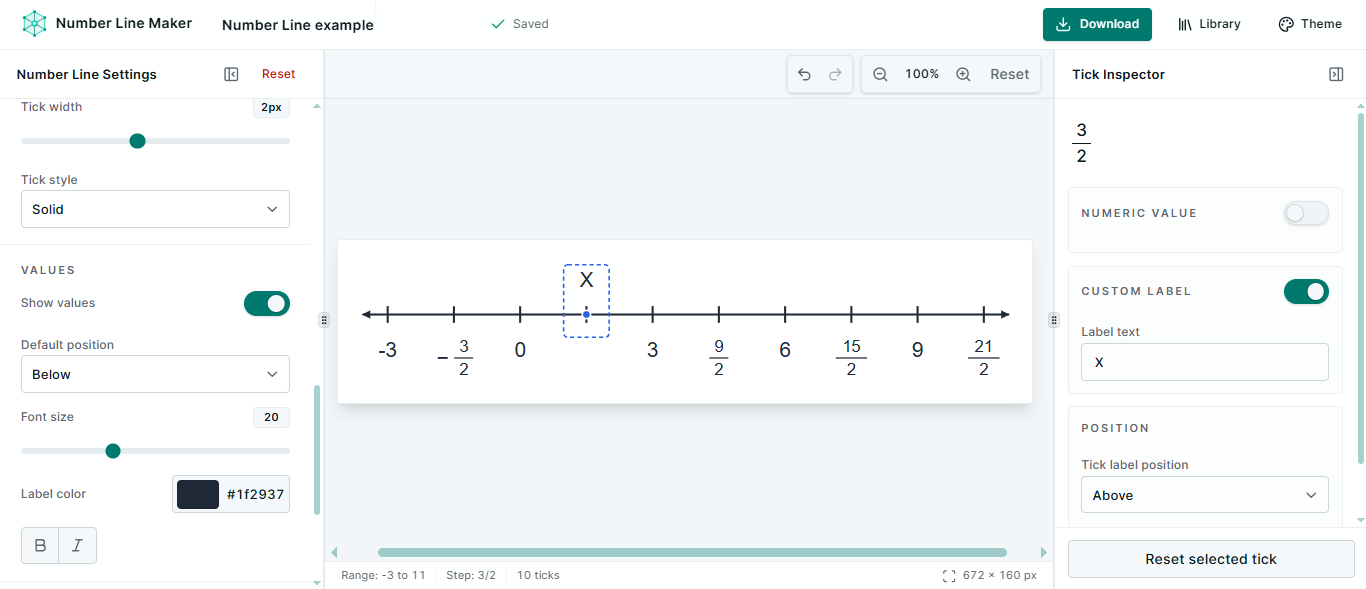 Number Line Maker workspace showing a number line from one to three with stacked fraction values, spacing settings, and an individual tick inspector