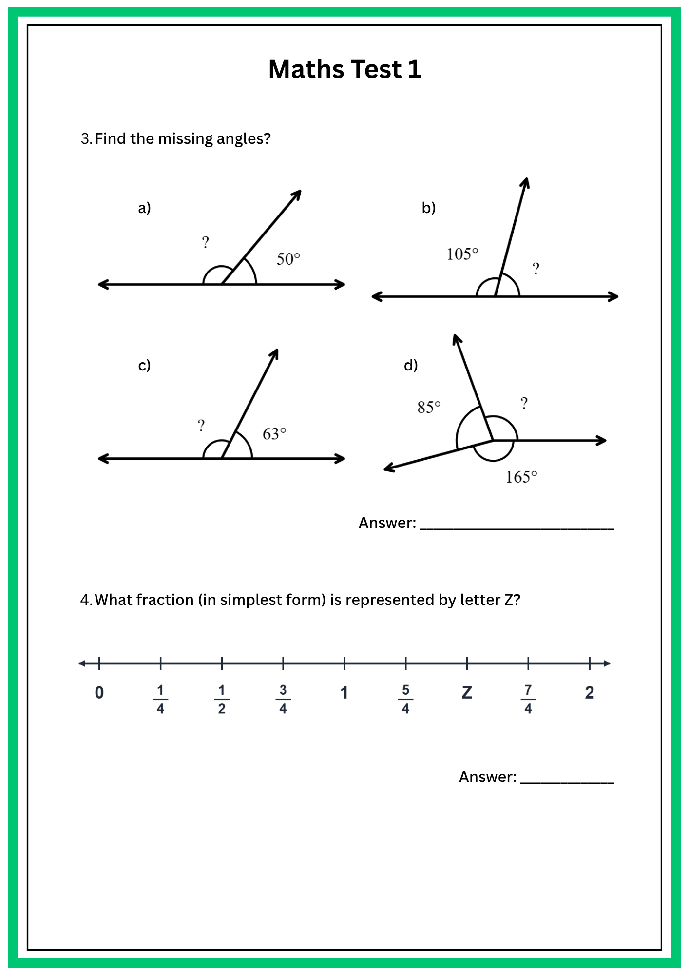 Page 2 of a maths worksheet with angle and fraction number-line questions
